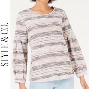 STYLE & CO. Pink, White & Gray Nubby Knit Striped sweater, L